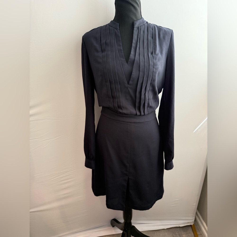 Tory Burch Blue Long-Sleeve Pleated V-Neck Dress